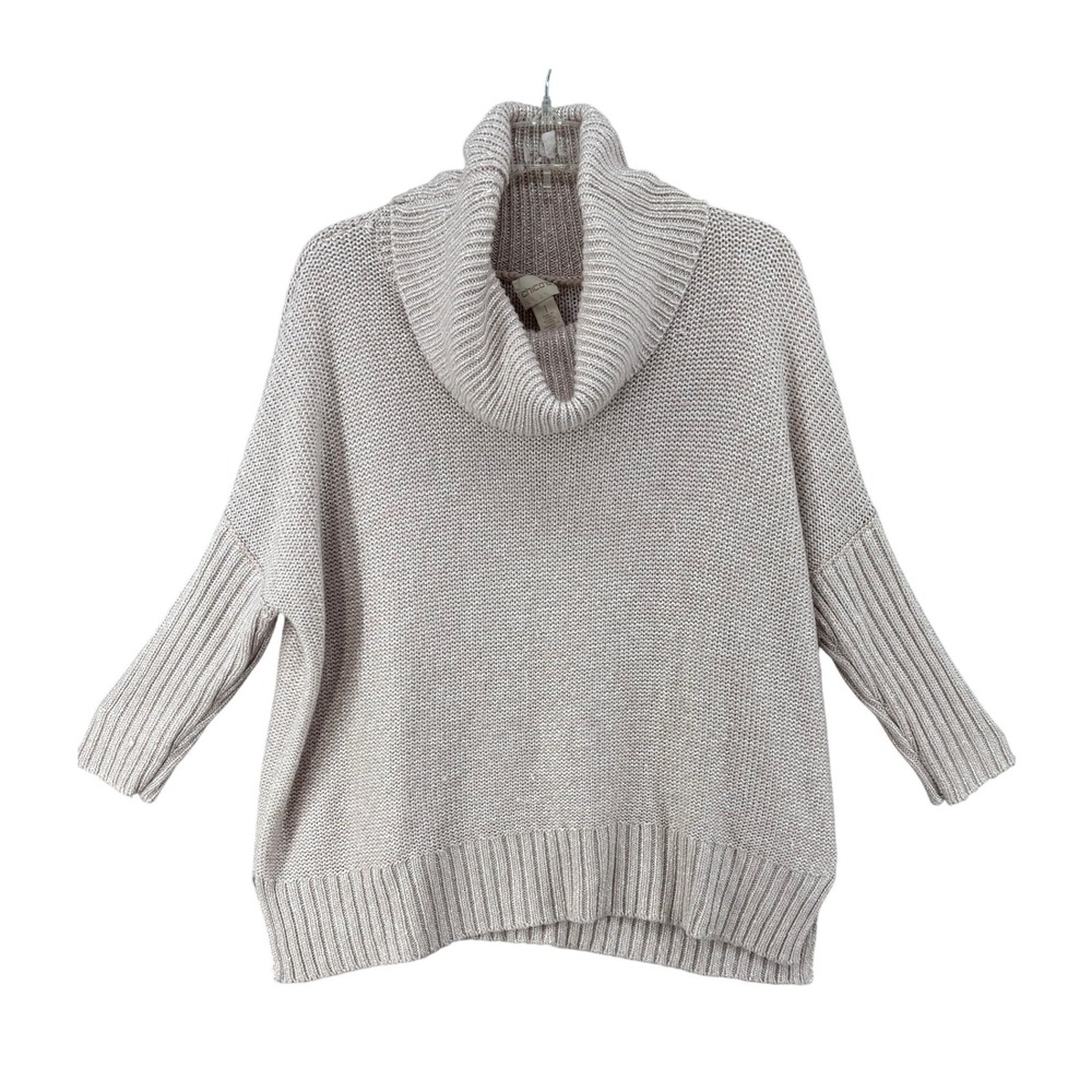 Chicos Sweater Women Sz 1 US M 8 Beige Metallic Knit Cowl Neck Pullover Metallic